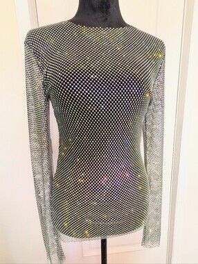 Sparkling Rhinestone-Like Long-Sleeve Navy Blue  Mesh Top